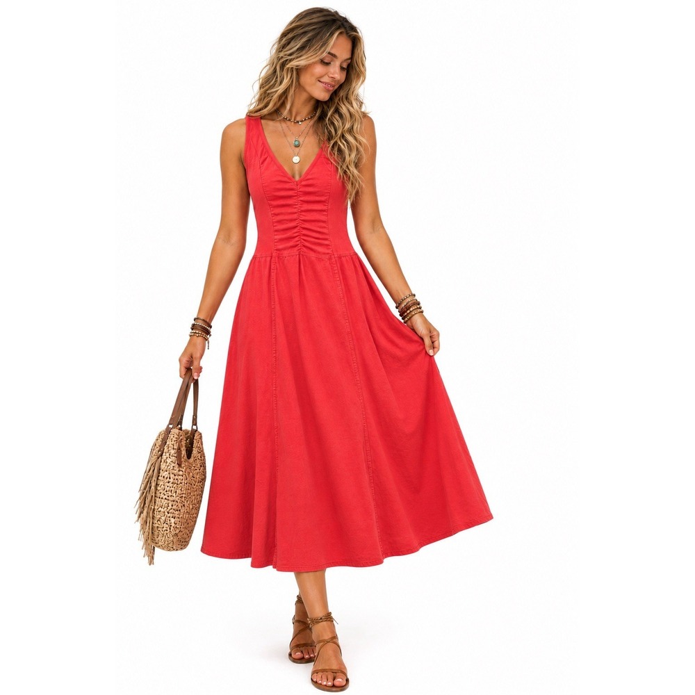 XCVI Sleeveless Ruched Midi Cotton Dress S Fit & Flare A-Line Flowy Boho Whimsy